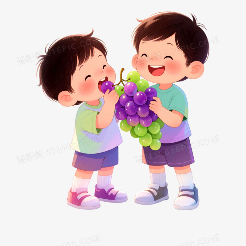 插画风吃水果吃葡萄免抠元素