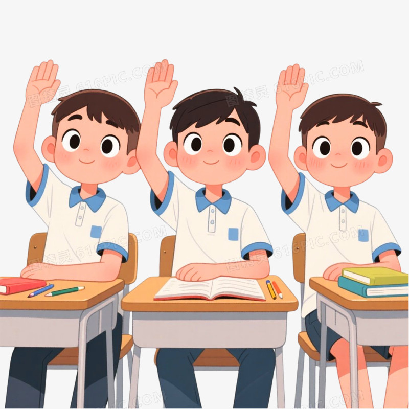 插画风格多个学生举手发言免抠元素