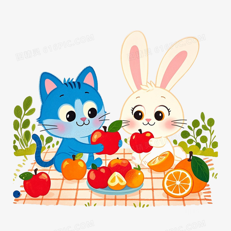 卡通插画风动物吃水果免抠元素
