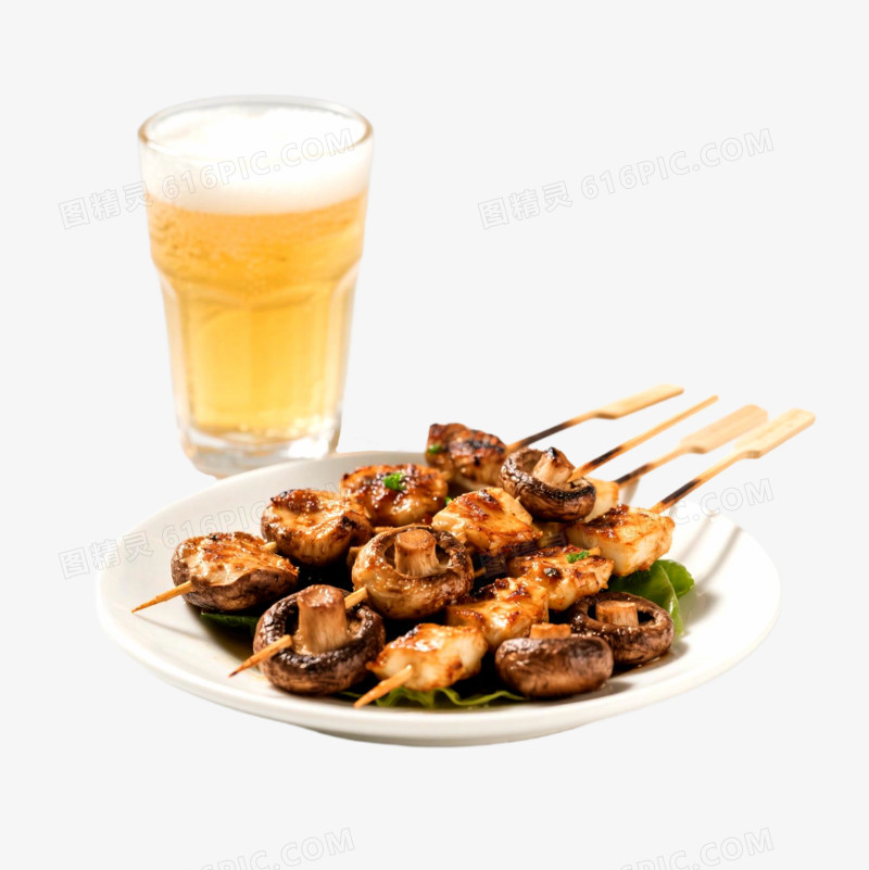 实拍风格夏日美食烤蘑菇啤酒免抠元素