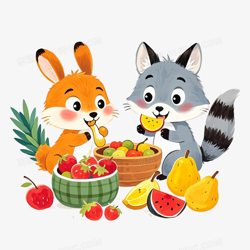 卡通插画风动物吃水果免抠元素