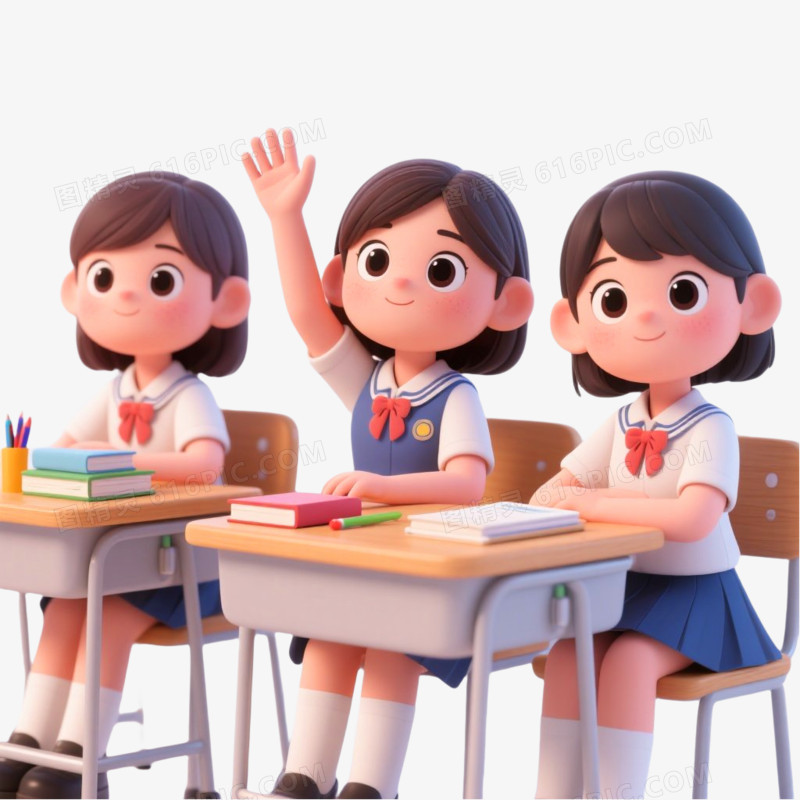 C4D插画风格多个学生举手发言免抠元素