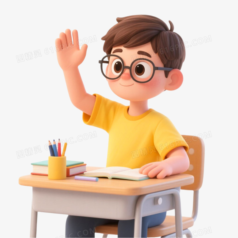 C4D插画风格单个学生举手发言免抠元素
