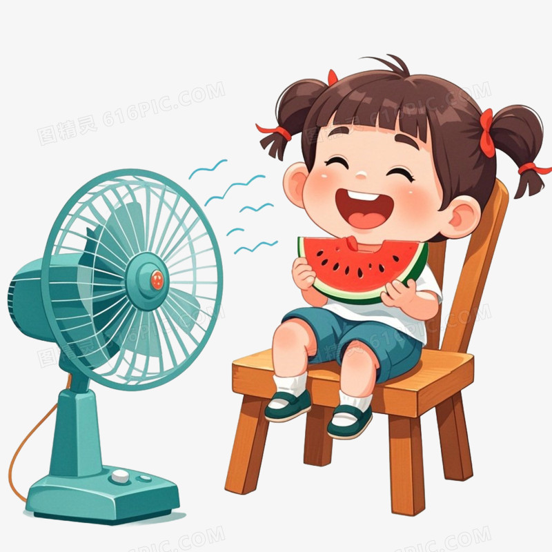 吹风扇的小女孩吃西瓜夏日消暑免抠元素