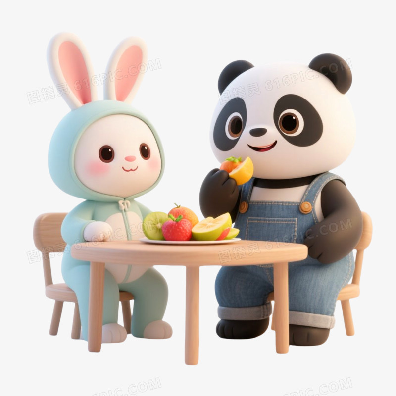 3D插画风格拟人化动物吃水果免抠元素