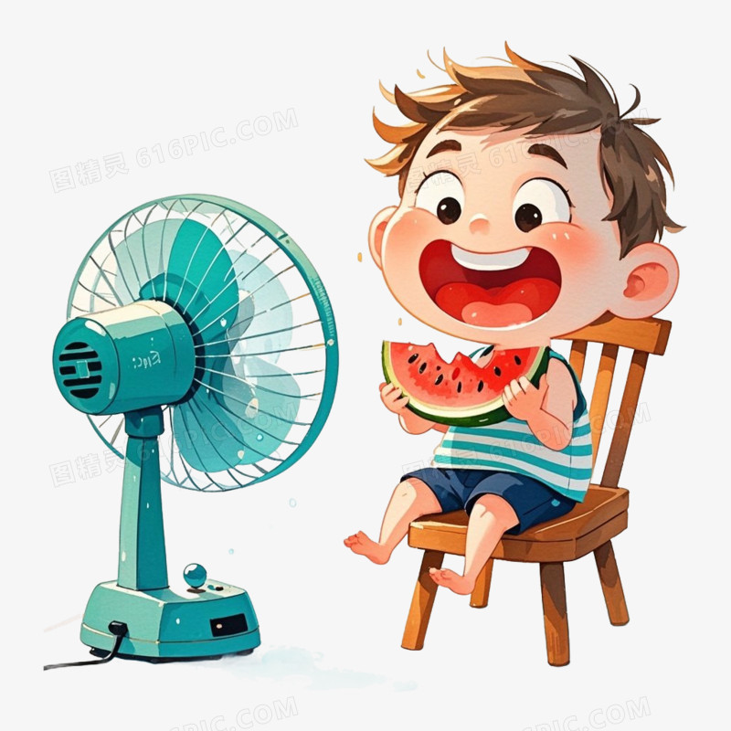 吹风扇的小男孩吃西瓜夏日消暑免抠元素