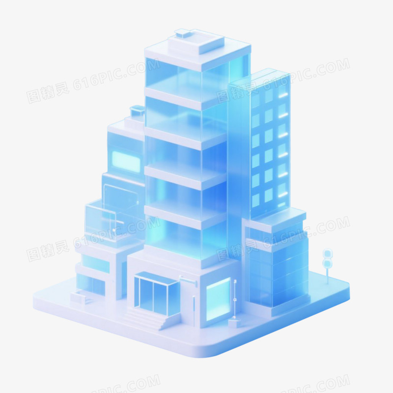 蓝色渐变3D立体风磨砂玻璃建筑模型免抠元素