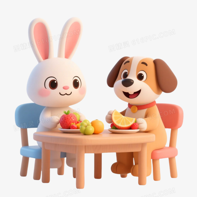 3D插画风格拟人化动物吃水果免抠元素