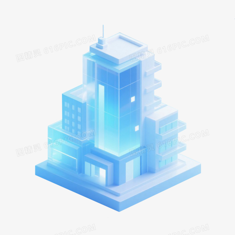蓝色渐变3D立体风磨砂玻璃建筑模型免抠元素