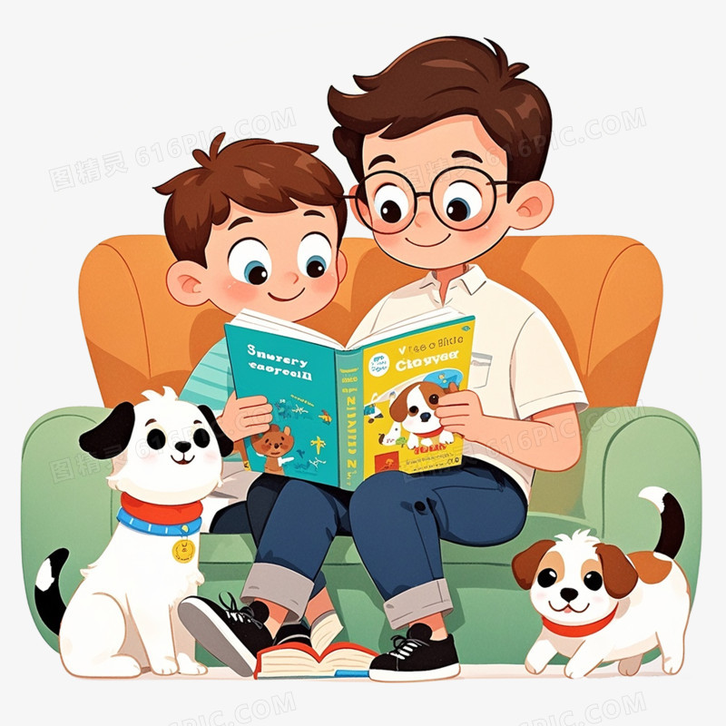 卡通插画风爸爸与孩子一起阅读免抠元素