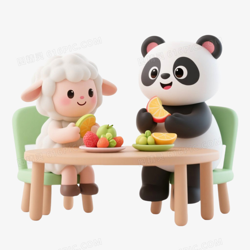 3D插画风格拟人化动物吃水果免抠元素