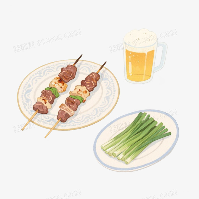 卡通插画风夏日美食烧烤啤酒小龙虾夏日美味免抠元素