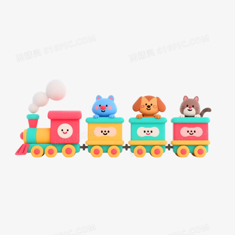 3d插画风格小动物乘坐小火车免抠元素
