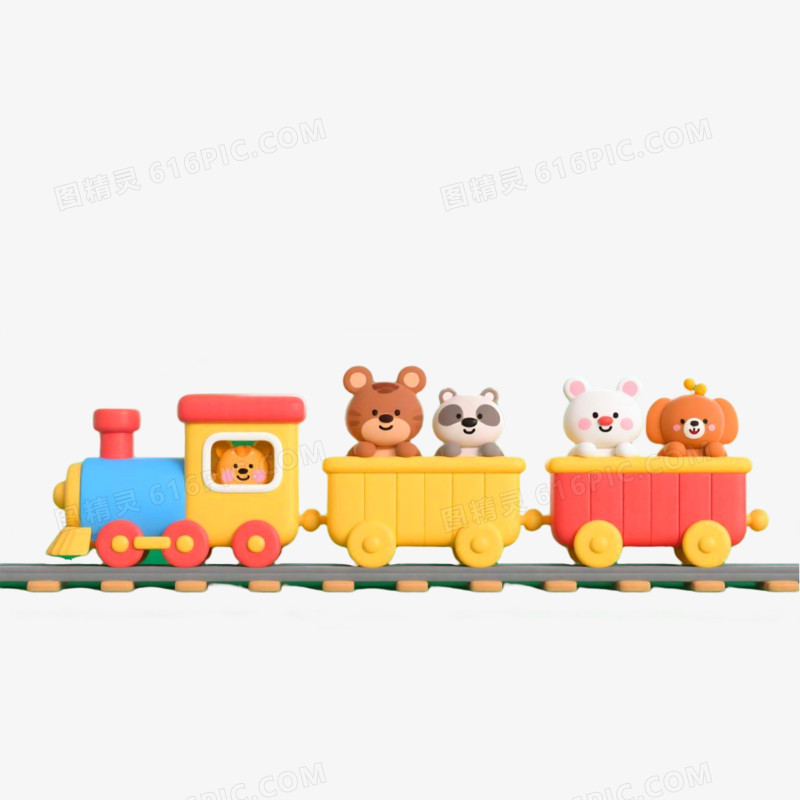 3d插画风格小动物乘坐小火车免抠元素