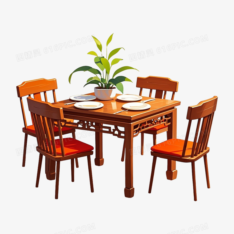 卡通插画风中式家具餐桌免抠元素