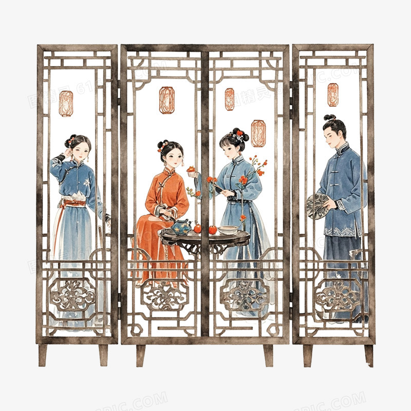 卡通插画风中式家具屏风免抠元素