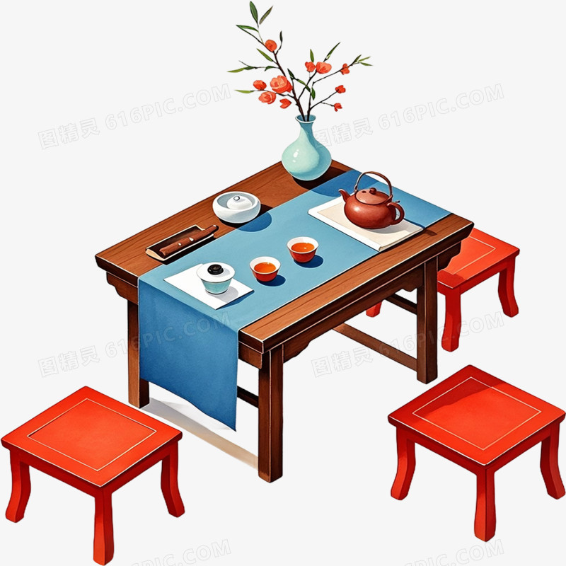 卡通插画风中式家具餐桌免抠元素