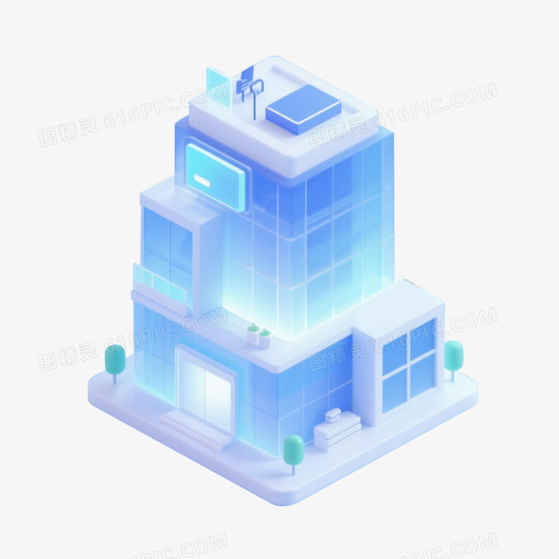蓝色渐变3D立体风磨砂玻璃建筑模型免抠元素