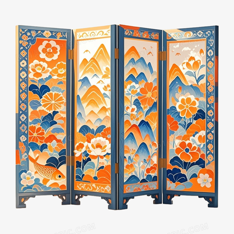卡通插画风中式家具屏风免抠元素