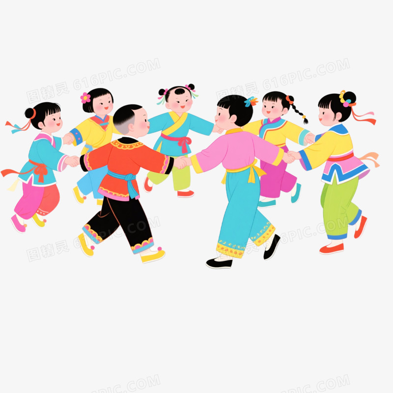 卡通手绘少数民族小朋友转圈玩游戏免抠元素