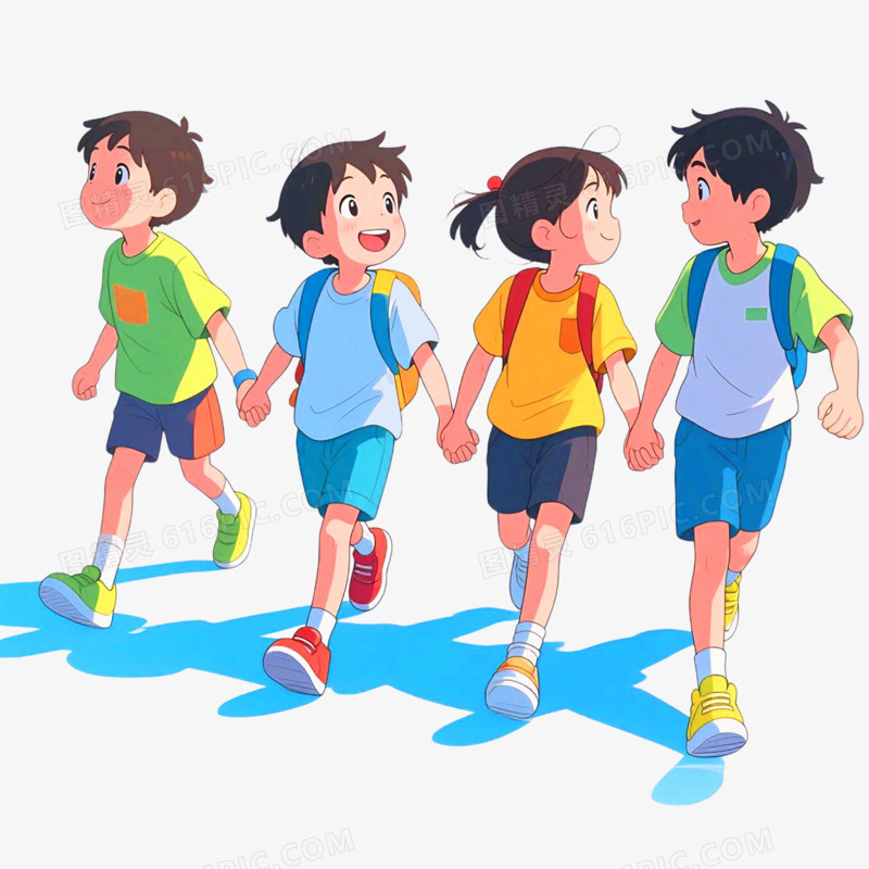 卡通手绘小朋友手拉手并排免抠元素