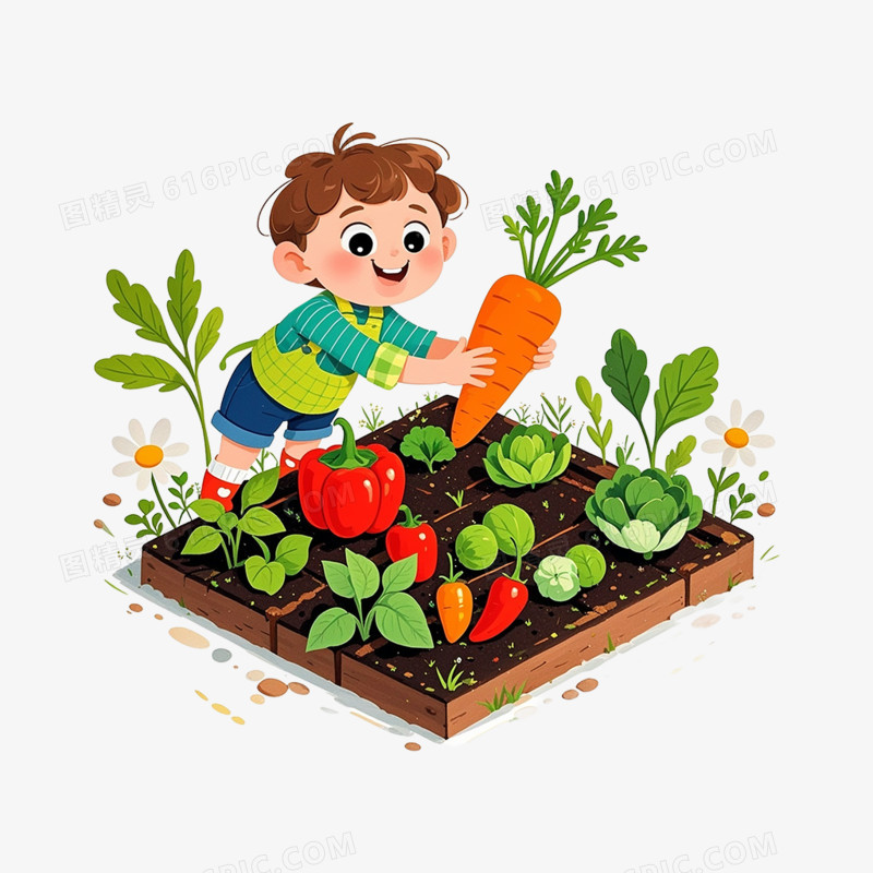 卡通插画人物与 蔬菜园子免抠元素