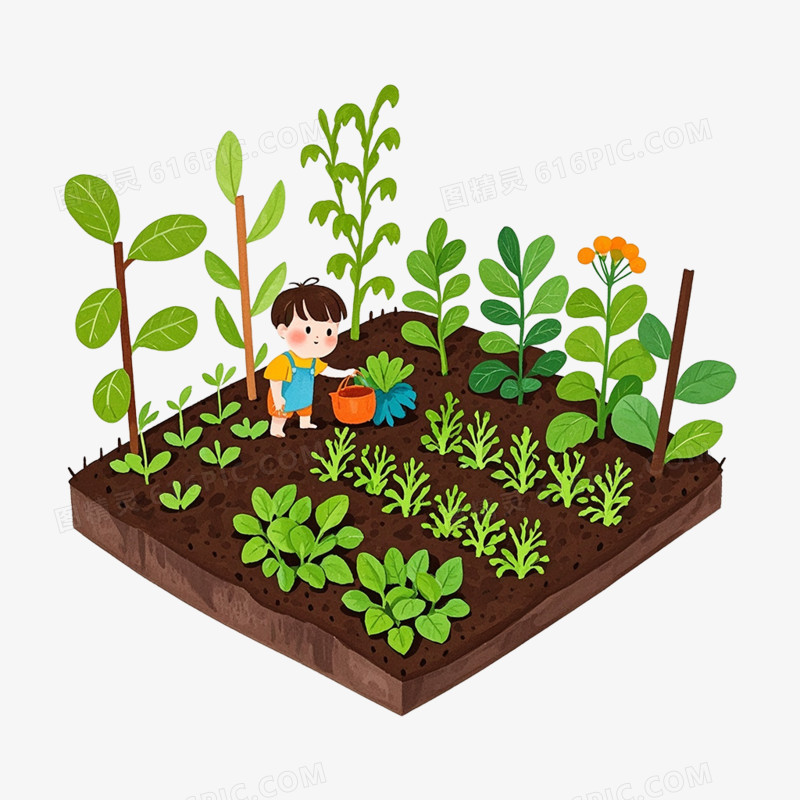 卡通插画人物与 蔬菜园子免抠元素