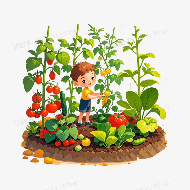 卡通插画人物与 蔬菜园子免抠元素