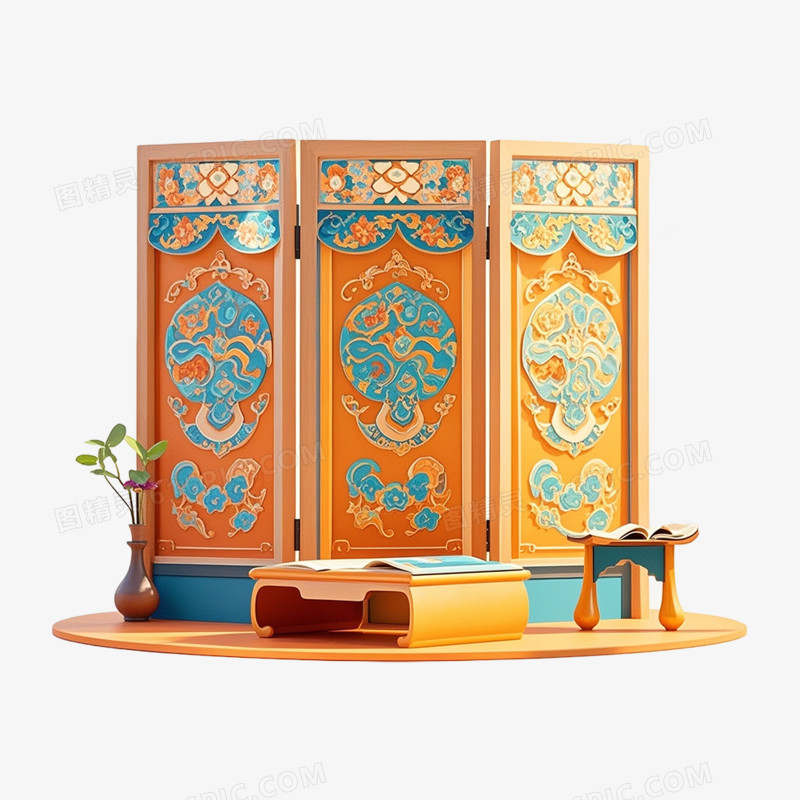 3D插画中式屏风免抠元素