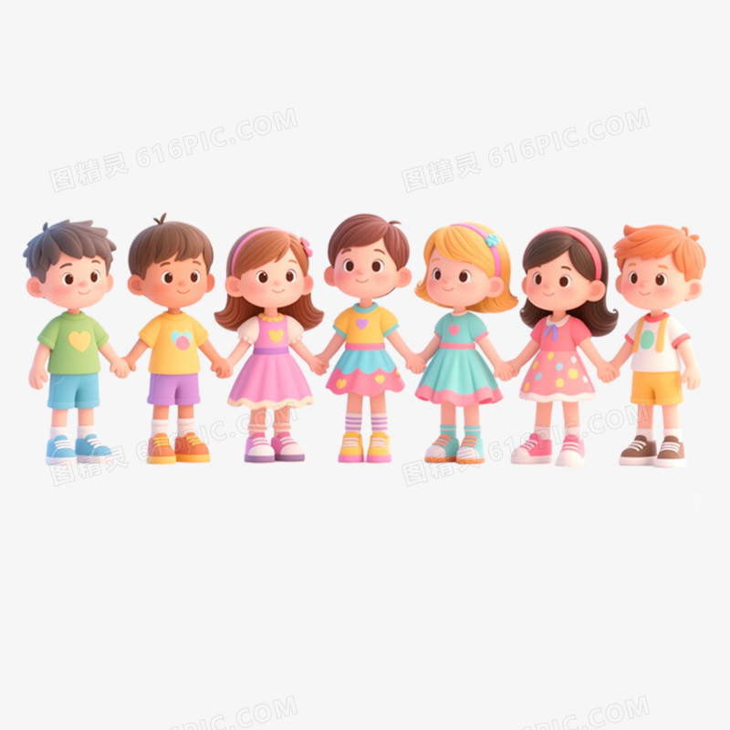 3D立体一群小朋友手拉手免抠元素