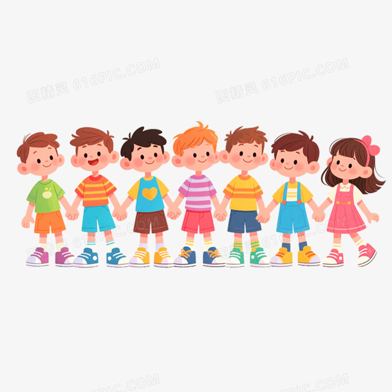 手绘插画一群小朋友手拉手免抠元素