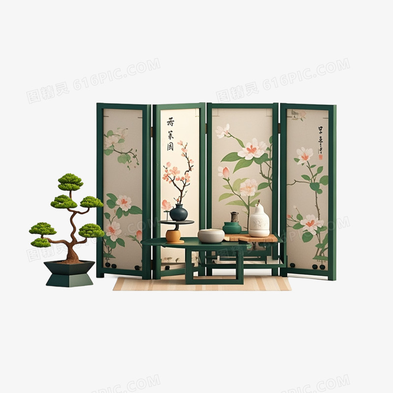 3D插画中式屏风免抠元素