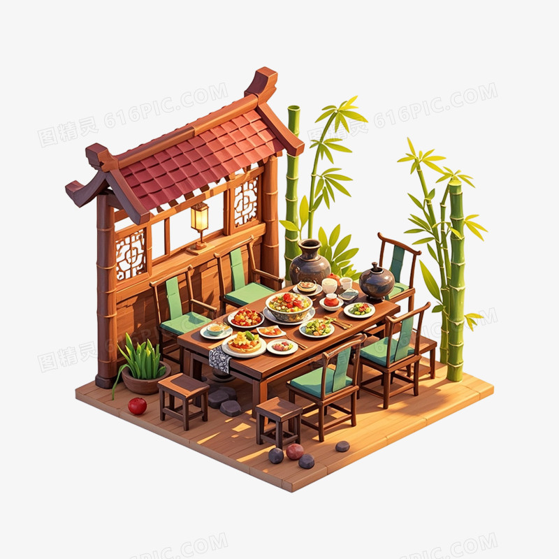 3D插画中式餐桌免抠元素