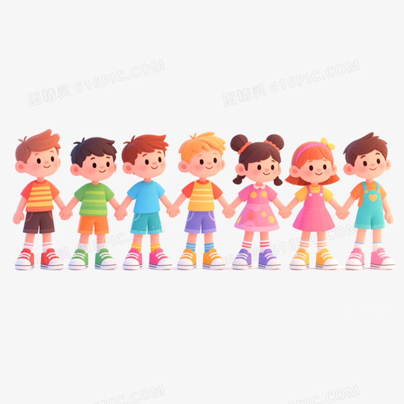 手绘插画一群小朋友手拉手免抠元素