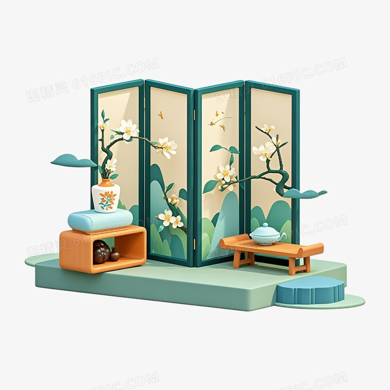 3D插画中式屏风免抠元素