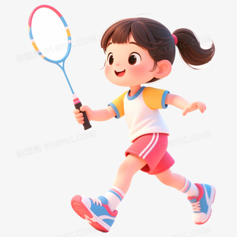 手绘插画学生运动会打羽毛球免抠元素