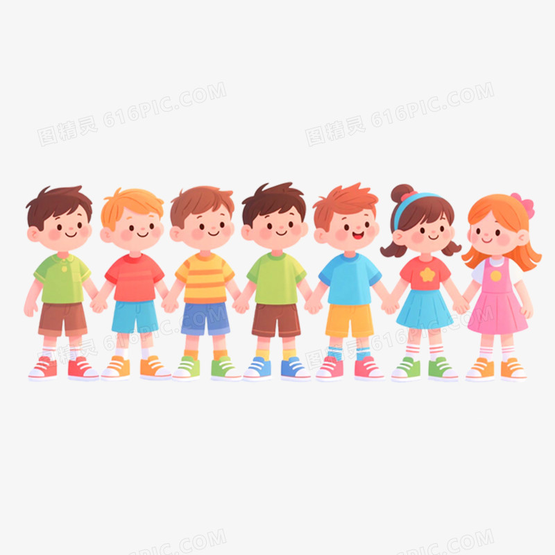 手绘插画一群小朋友手拉手免抠元素