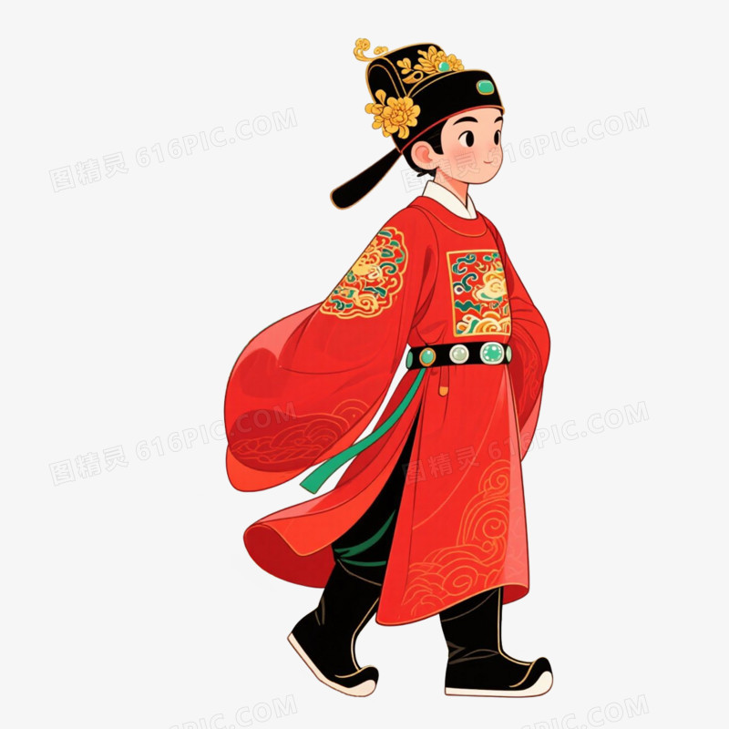 卡通动漫风中国古代状元郎红色状元免抠元素