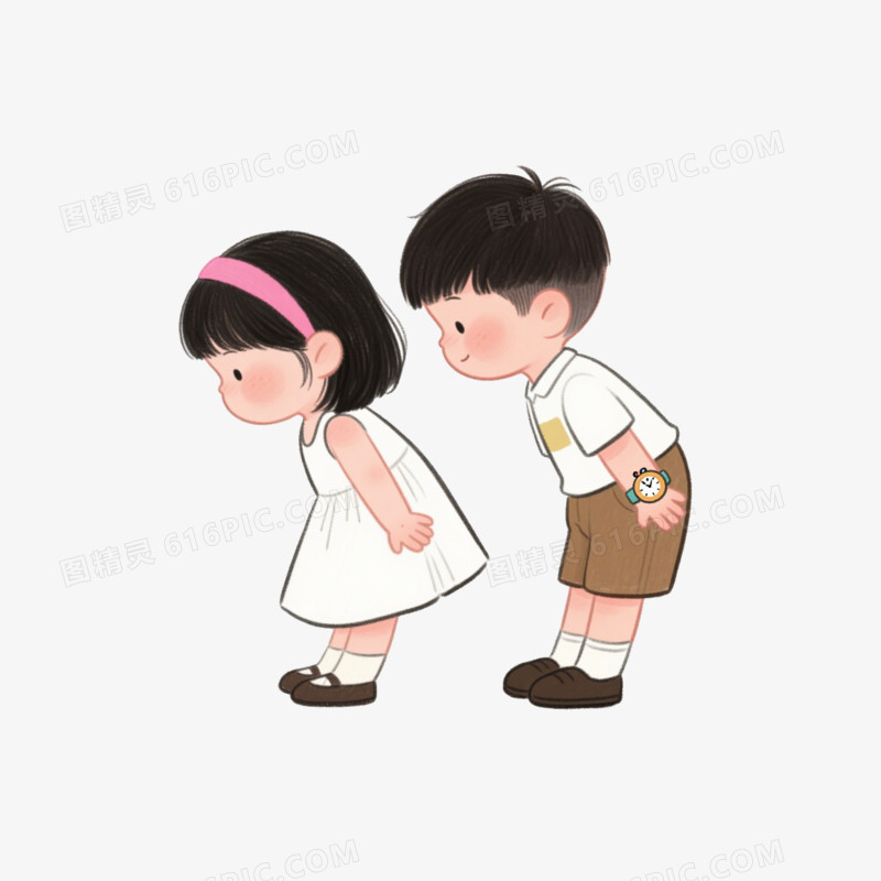 手绘卡通小孩鞠躬问好免抠元素