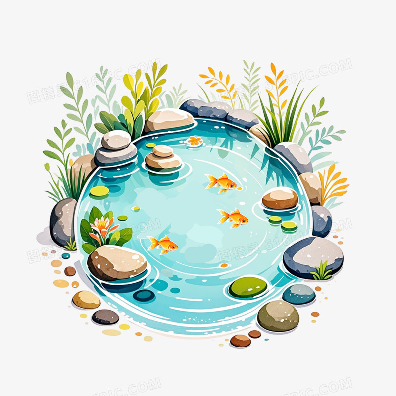 卡通手绘小鱼塘免抠元素