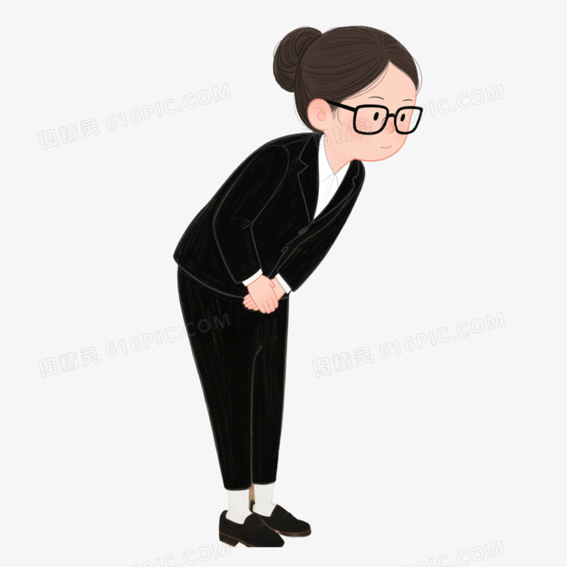 手绘卡通服务员职员鞠躬问好免抠元素