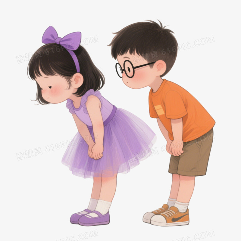 手绘卡通小孩鞠躬问好免抠元素