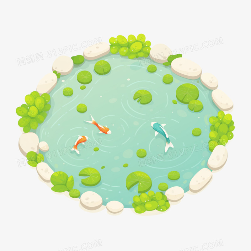 手绘卡通鱼池鱼塘免抠元素