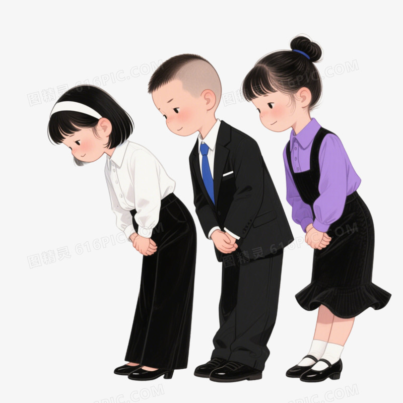 手绘卡通小孩鞠躬问好免抠元素