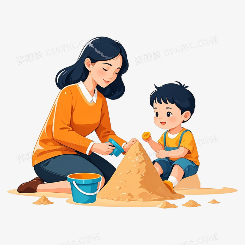 卡通手绘爸爸妈妈和小朋友一起玩沙滩免抠元素
