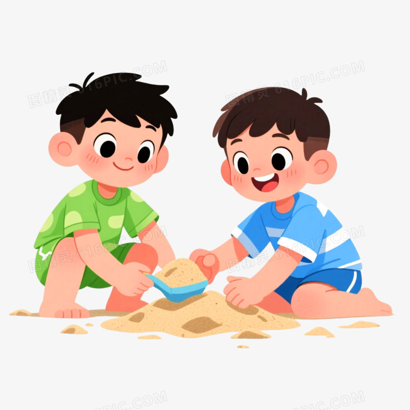 手绘插画风格小伙伴一起玩沙子免抠元素
