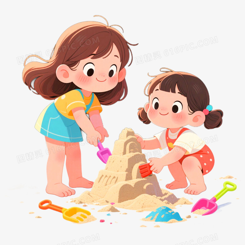 手绘插画小伙伴玩沙子场景免抠元素