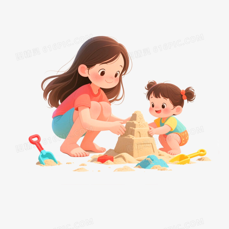 手绘插画小伙伴玩沙子场景免抠元素