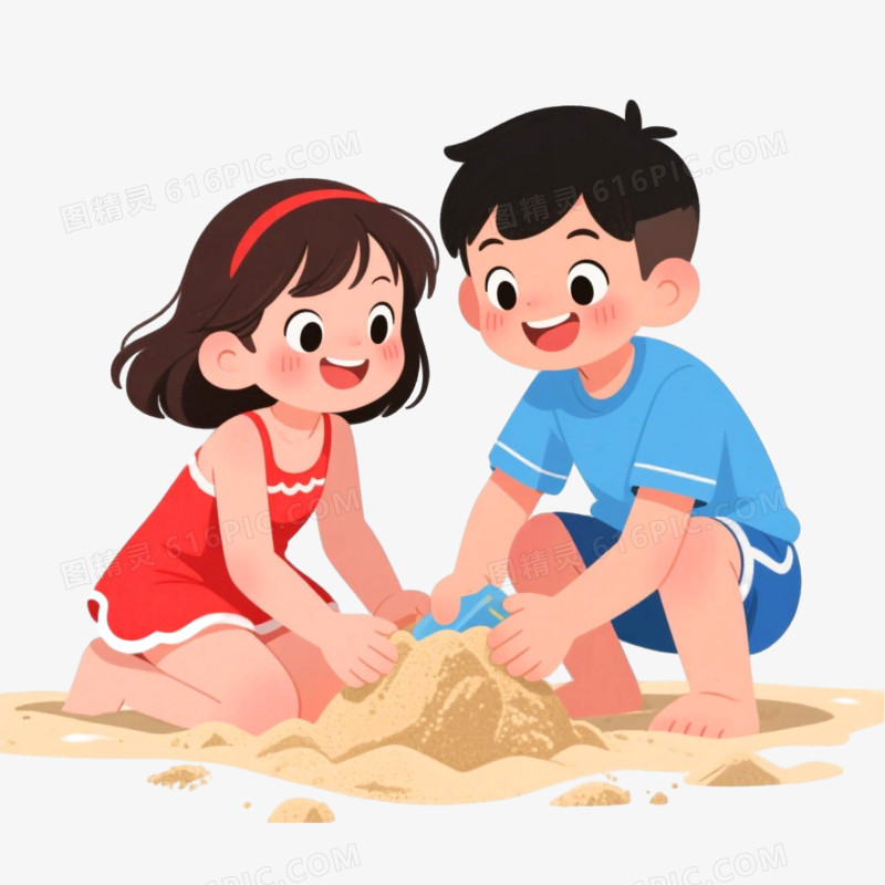 手绘插画风格小伙伴一起玩沙子免抠元素