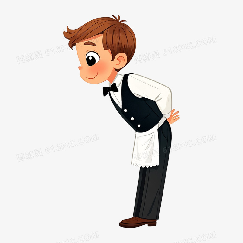 卡通插画服务员鞠躬问好免抠元素